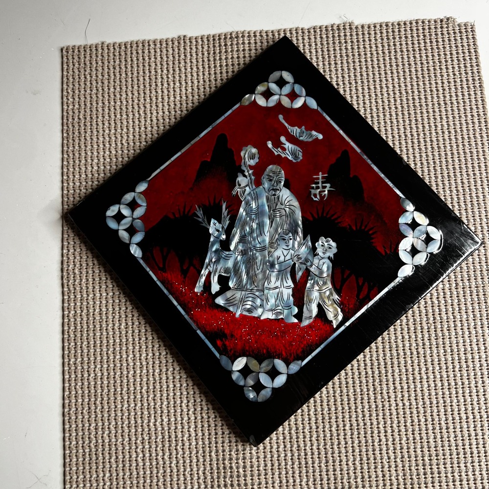 Vintage Asian Lacquer Mother of Pearl Inlay Wall Plaque Red Black Shell Art 8x8